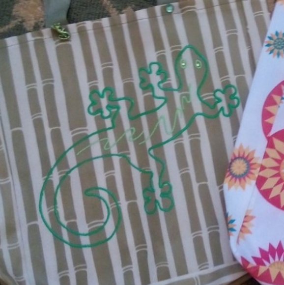 2/$20 NEW Hand Painted and Beaded Nylon Bamboo Print Beach Tote - Picture 2 of 2